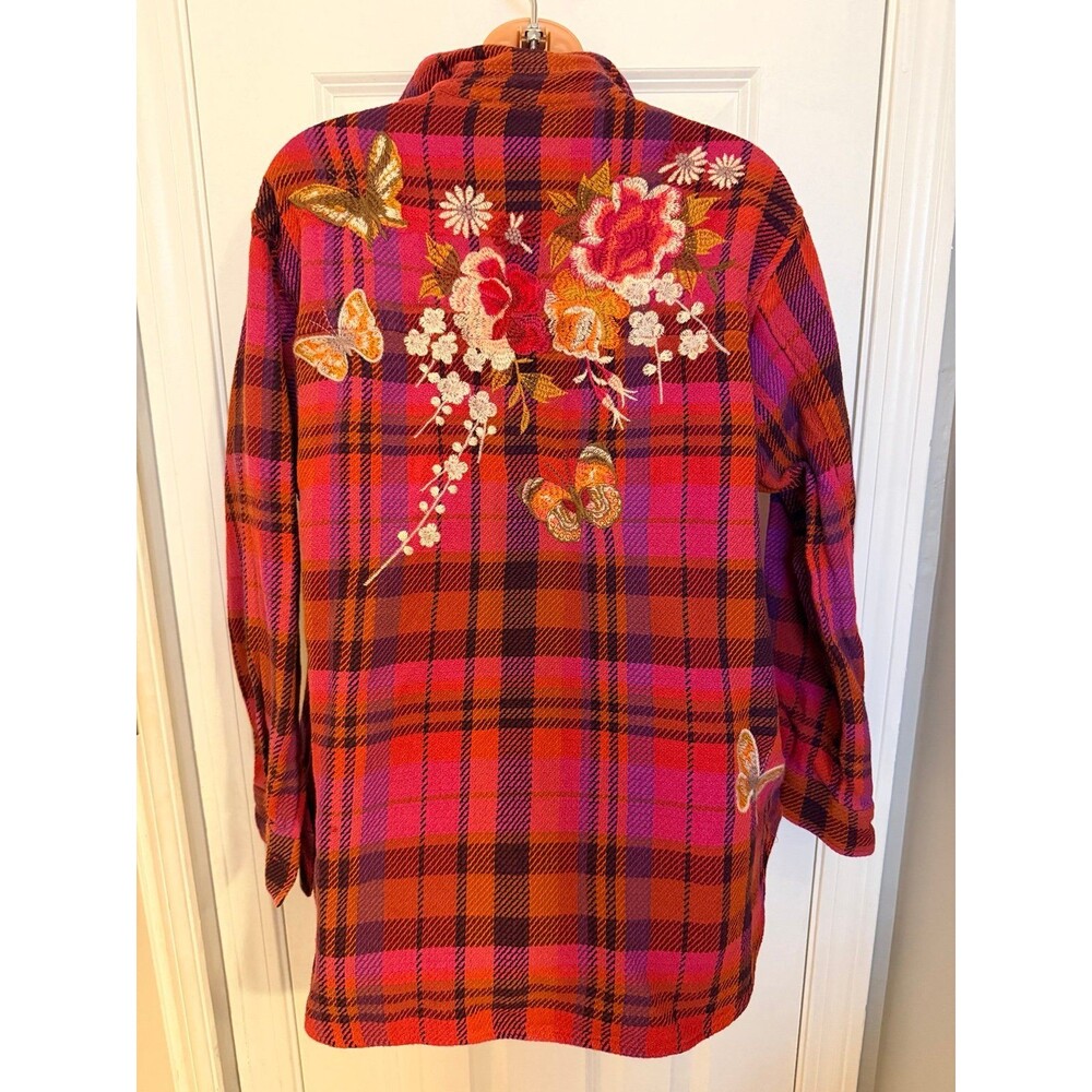 Johnny Was Azalea Shirt Jacket Plaid Button Down Embroidered Size M butterfly
